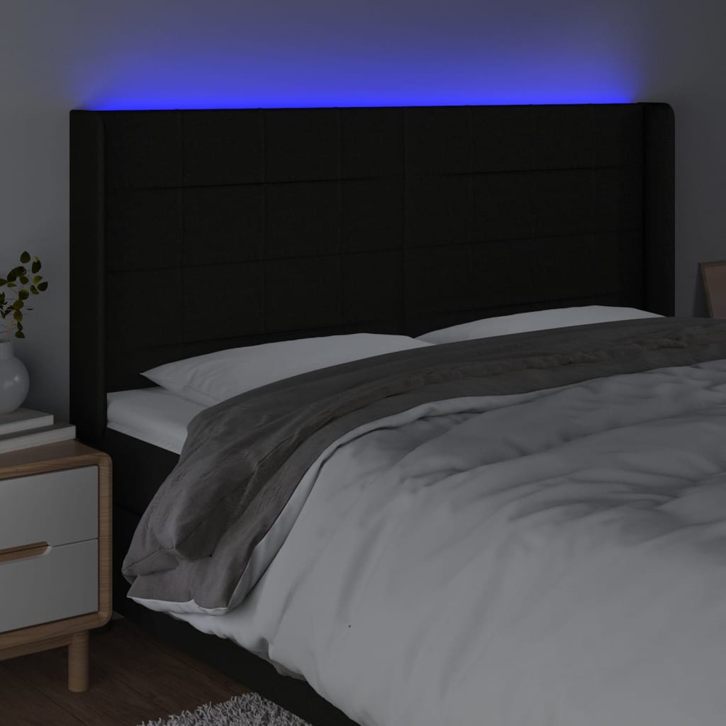 Cabeceira de cama c/ luzes LED tecido 163x16x118/128 cm preto