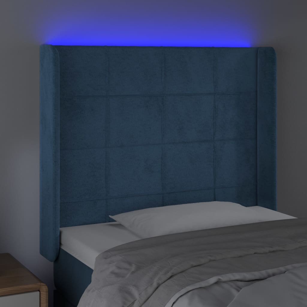 Cabeceira cama c/ luzes LED veludo 93x16x118/128 cm azul-escuro