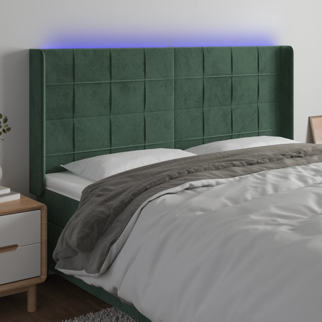 Cabeceira de cama c/ LED veludo 163x16x118/128 cm verde-escuro