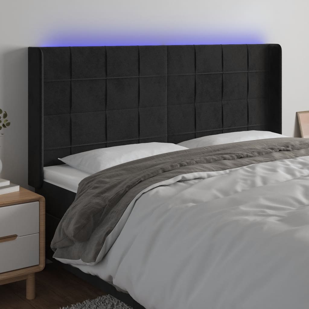 Cabeceira de cama c/ luzes LED veludo 203x16x118/128 cm preto