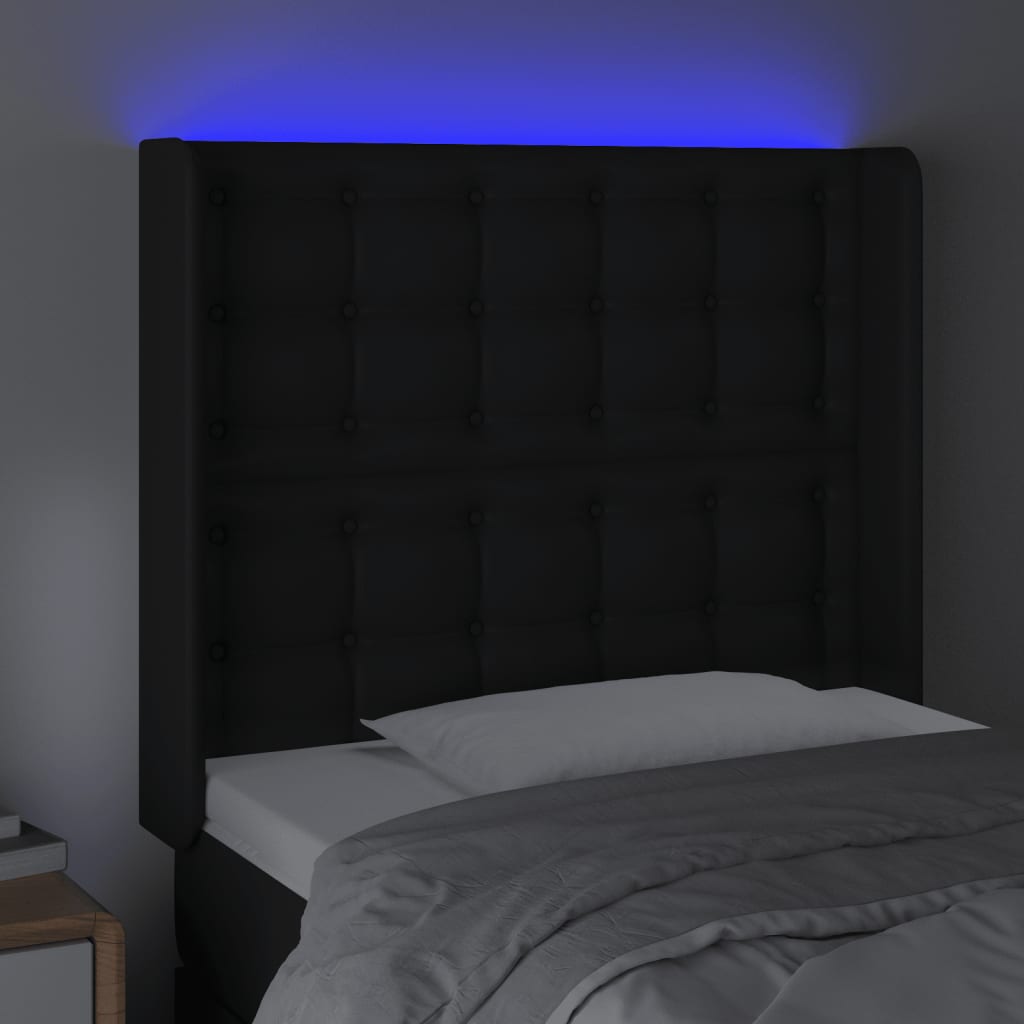 Cabeceira de cama c/ LED couro artificial 93x16x118/128cm preto