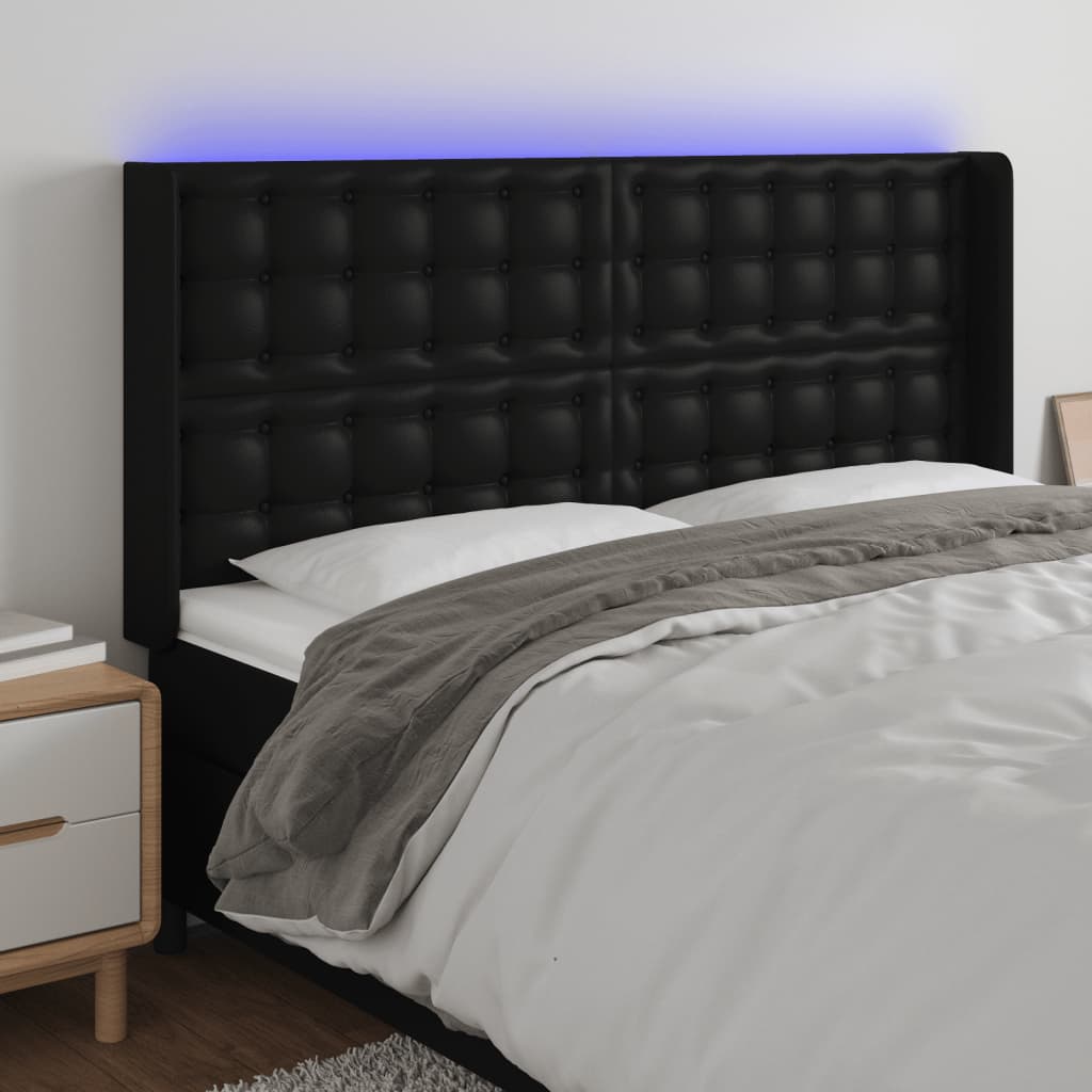 Cabeceira cama c/ LED couro artificial 147x16x118/128 cm preto