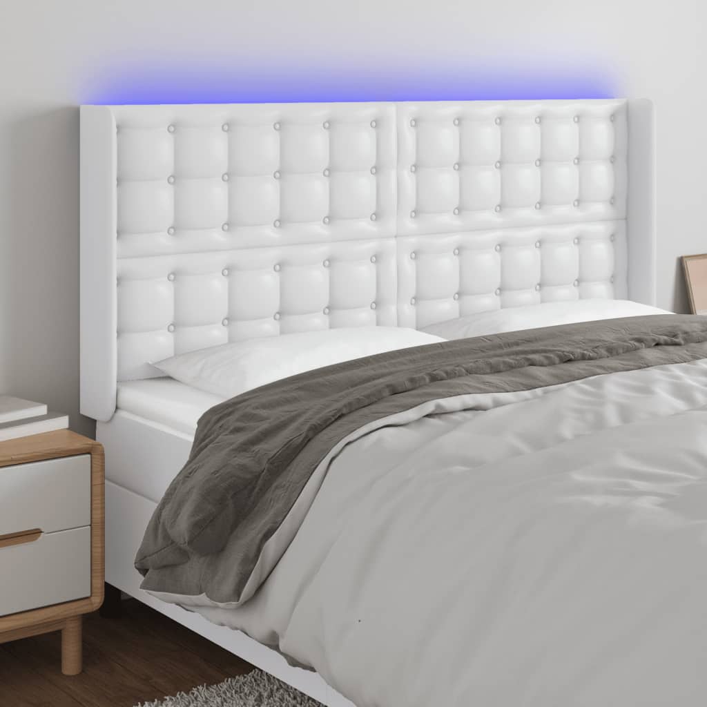 Cabeceira cama c/ LED couro artificial 147x16x118/128 cm branco