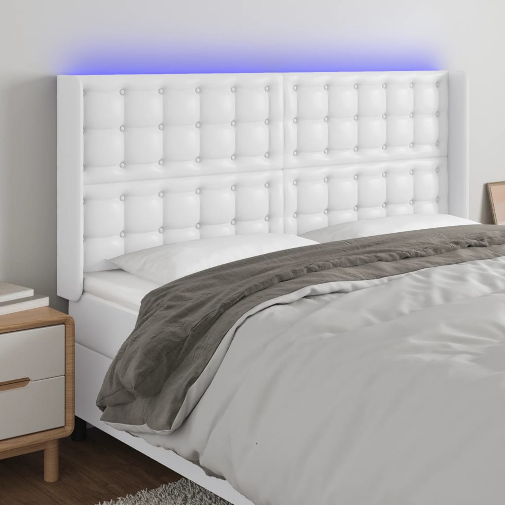 Cabeceira cama c/ LED couro artificial 203x16x118/128 cm branco