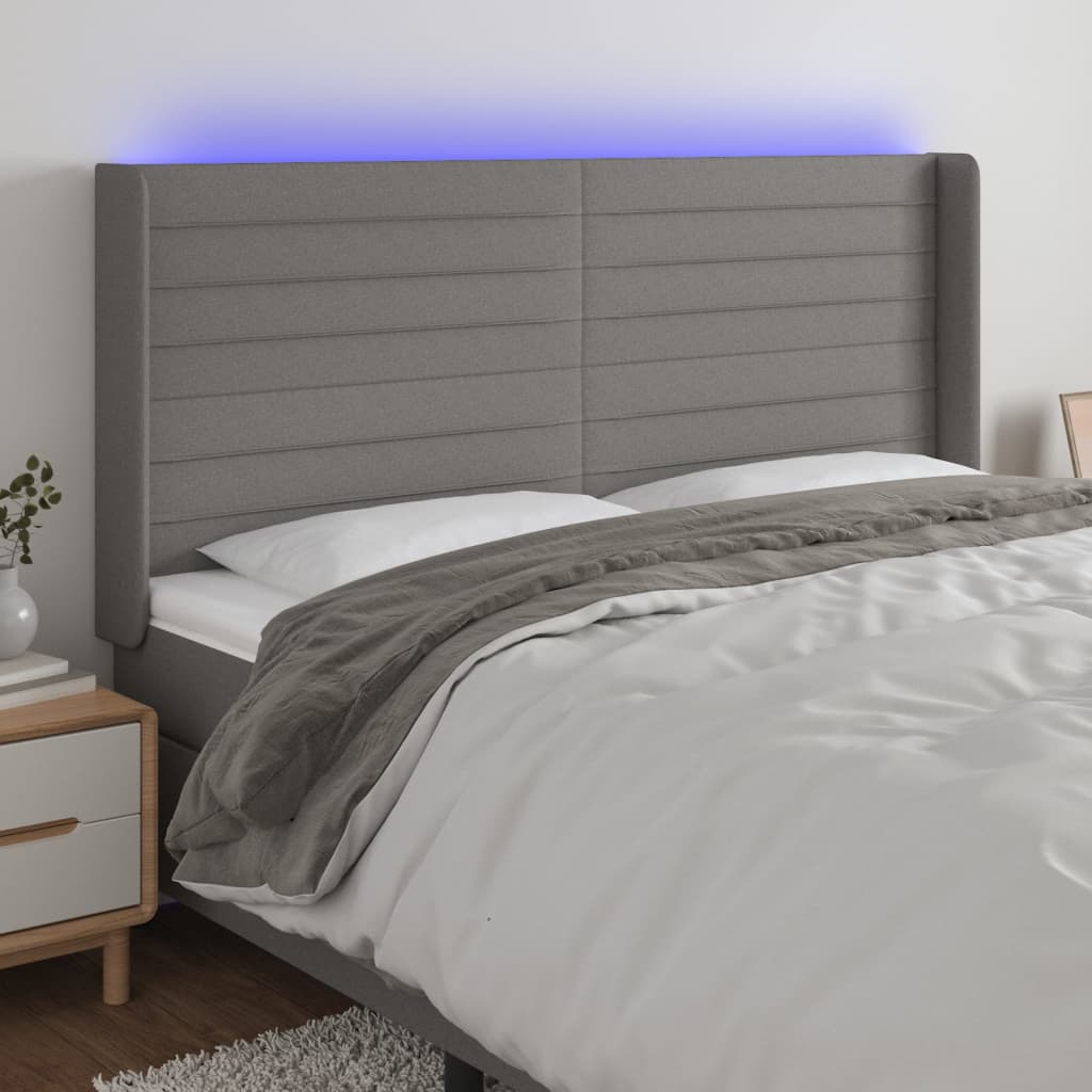 Cabeceira de cama c/ LED tecido 203x16x118/128 cm cinza-escuro