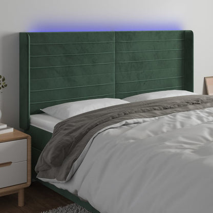 Cabeceira de cama c/ LED veludo 203x16x118/128 cm verde-escuro