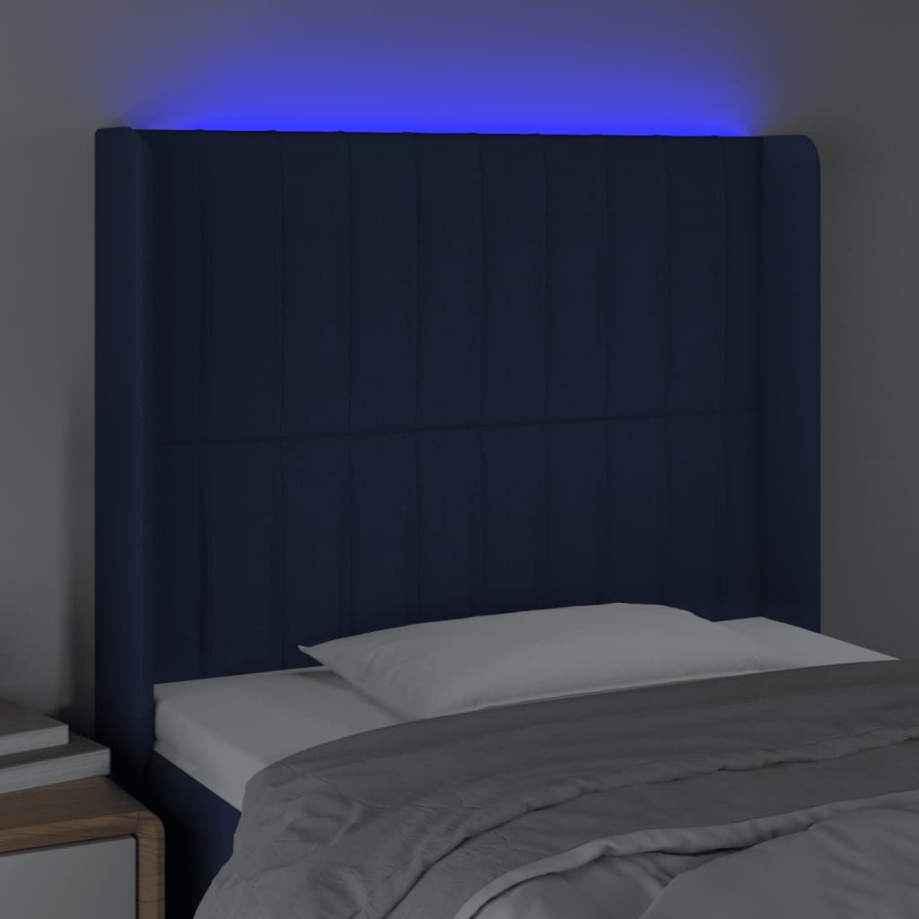 Cabeceira de cama c/ luzes LED tecido 93x16x118/128 cm azul