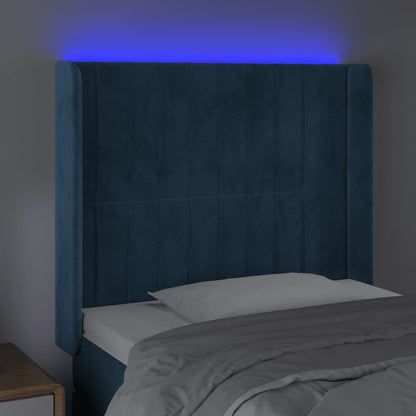 Cabeceira cama c/ luzes LED veludo 83x16x118/128 cm azul-escuro