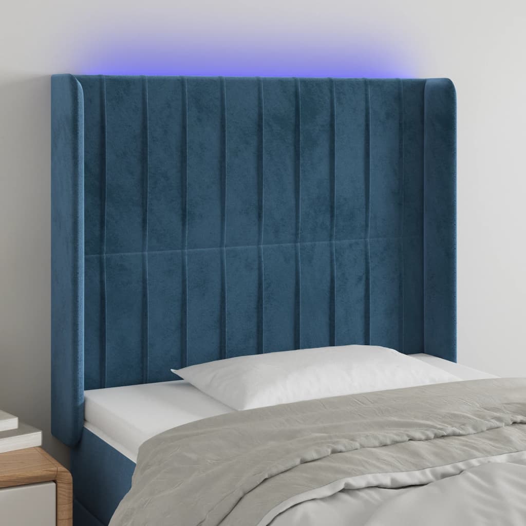 Cabeceira cama c/ luzes LED veludo 83x16x118/128 cm azul-escuro