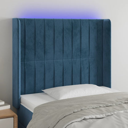 Cabeceira cama c/ luzes LED veludo 83x16x118/128 cm azul-escuro