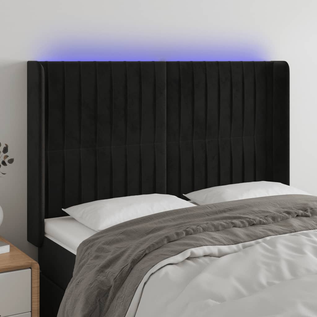 Cabeceira de cama c/ luzes LED veludo 147x16x118/128 cm preto