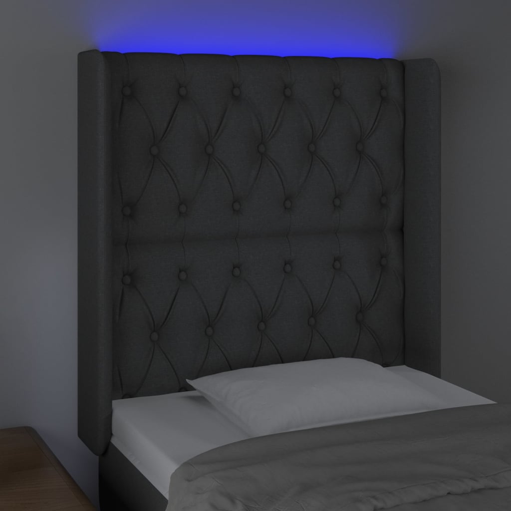 Cabeceira cama c/ luzes LED tecido 83x16x118/128cm cinza-escuro