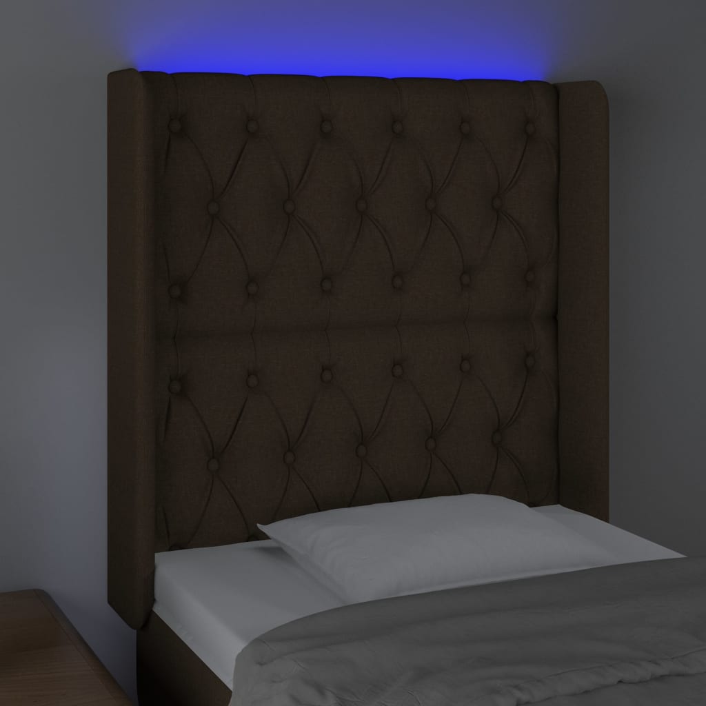 Cabeceira de cama c/ luzes LED tecido 83x16x118/128 cm castanho