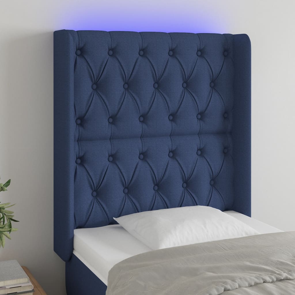 Cabeceira de cama c/ luzes LED tecido 83x16x118/128 cm azul