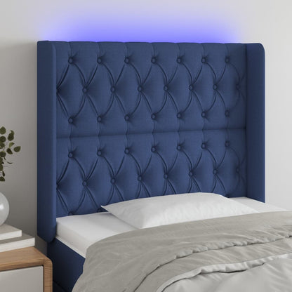 Cabeceira de cama c/ luzes LED tecido 93x16x118/128 cm azul