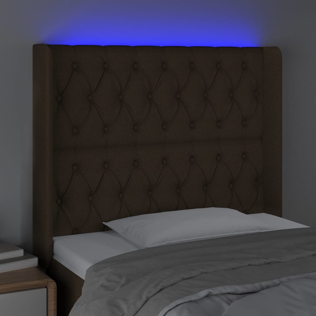 Cabeceira de cama c/ luzes LED tecido 103x16x118/128cm castanho