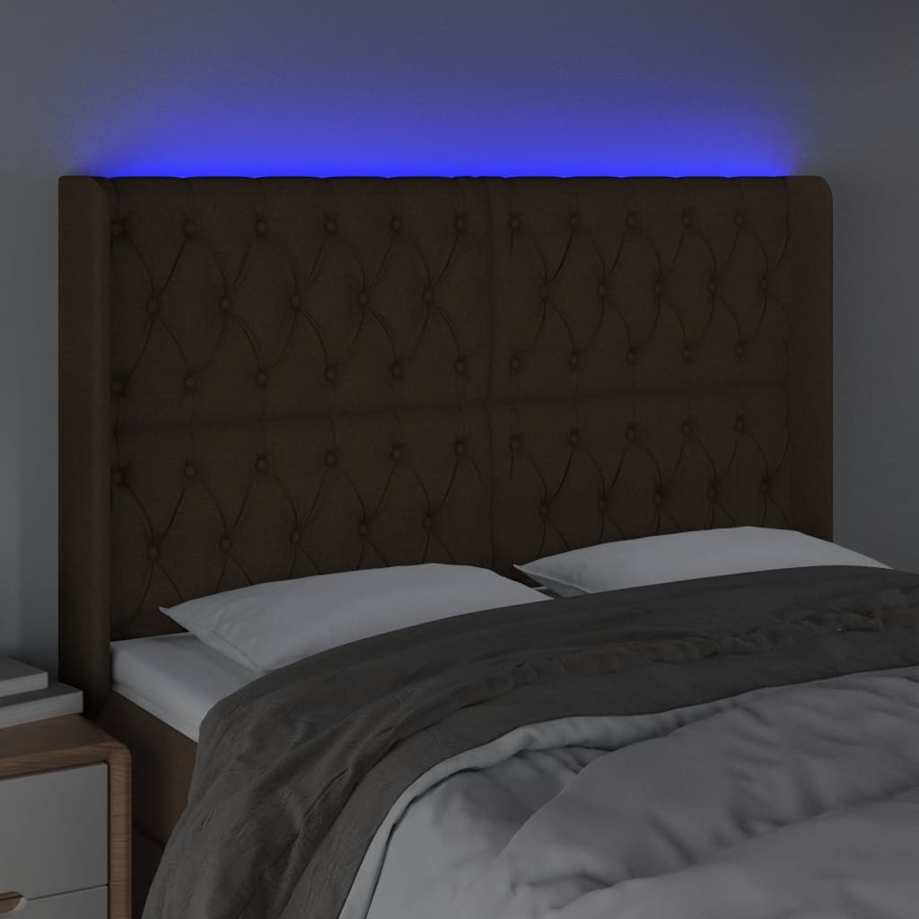 Cabeceira de cama c/ luzes LED tecido 147x16x118/128cm castanho