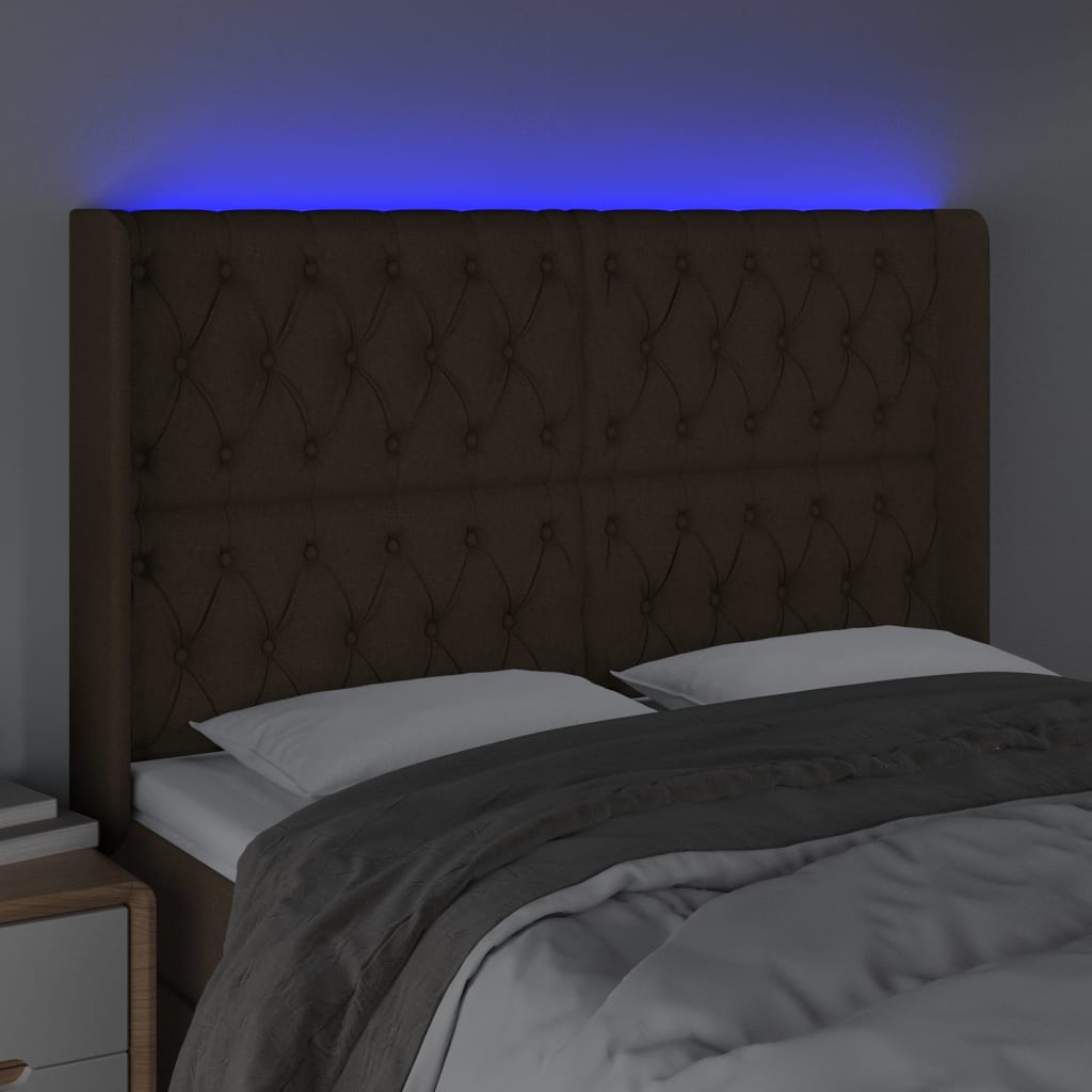 Cabeceira de cama c/ luzes LED tecido 163x16x118/128cm castanho