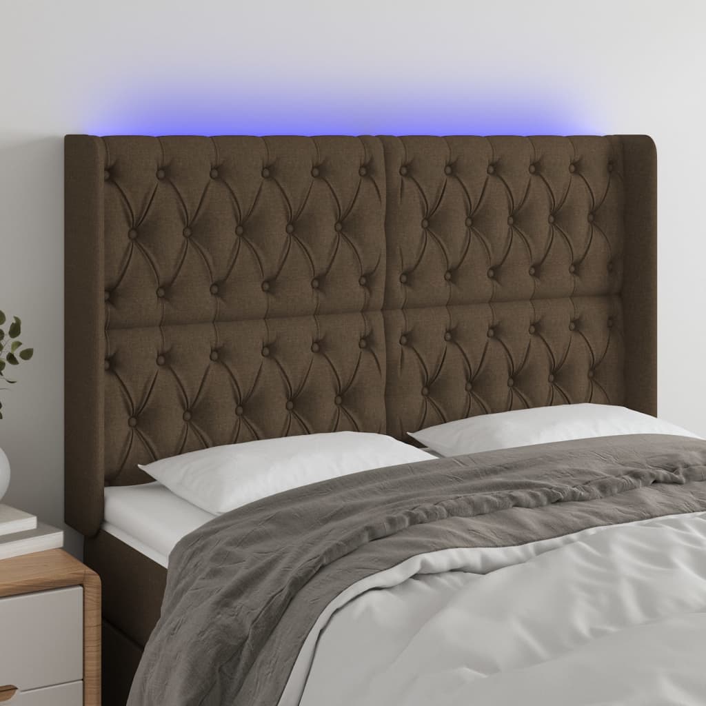 Cabeceira de cama c/ luzes LED tecido 163x16x118/128cm castanho