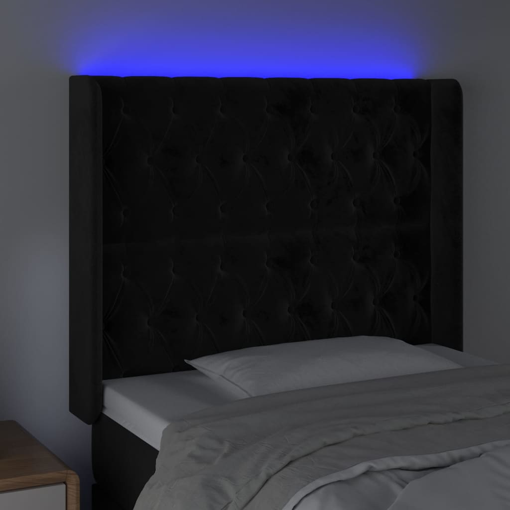 Cabeceira de cama c/ luzes LED veludo 93x16x118/128 cm preto