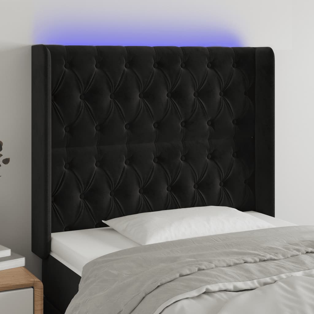 Cabeceira de cama c/ luzes LED veludo 103x16x118/128 cm preto