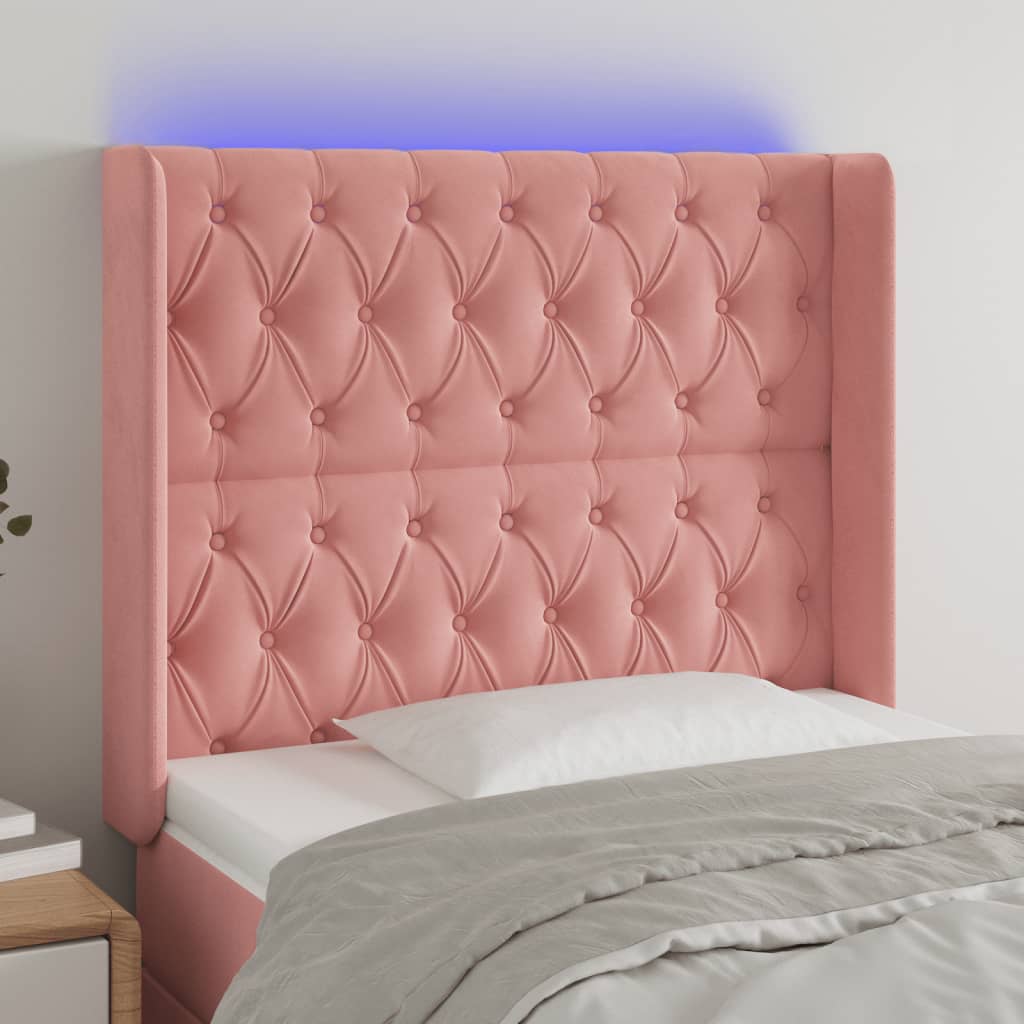 Cabeceira de cama c/ luzes LED veludo 103x16x118/128 cm rosa