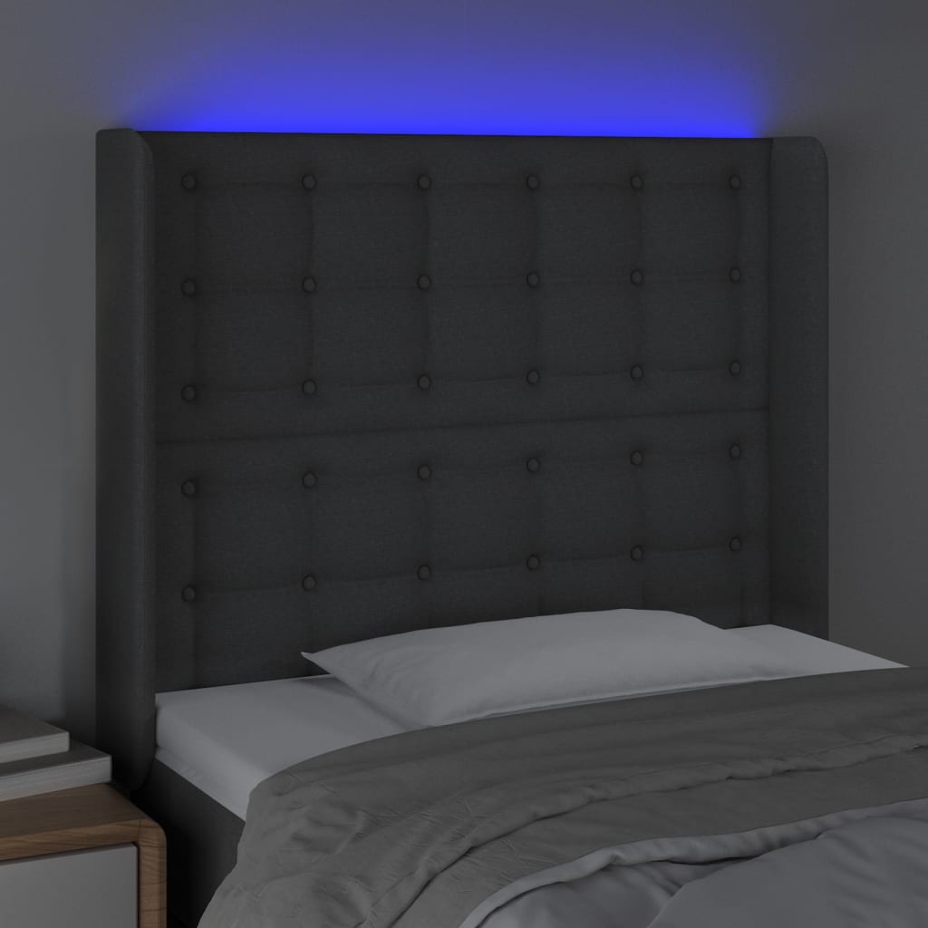 Cabeceira cama c/ luzes LED tecido 83x16x118/128cm cinza-escuro