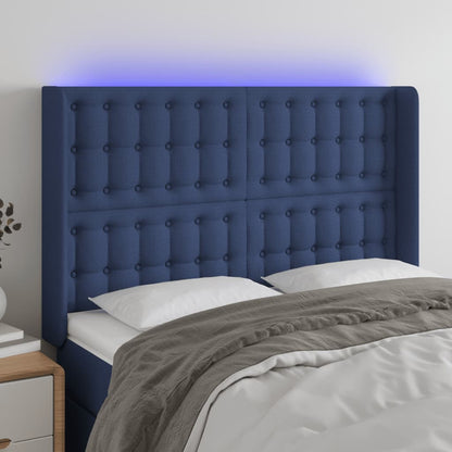 Cabeceira de cama c/ luzes LED tecido 147x16x118/128 cm azul