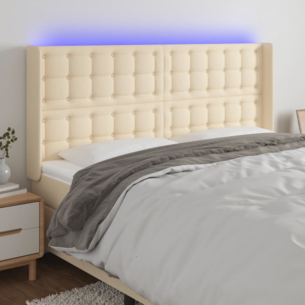 Cabeceira cama c/ luzes LED tecido 183x16x118/128 cm cor creme