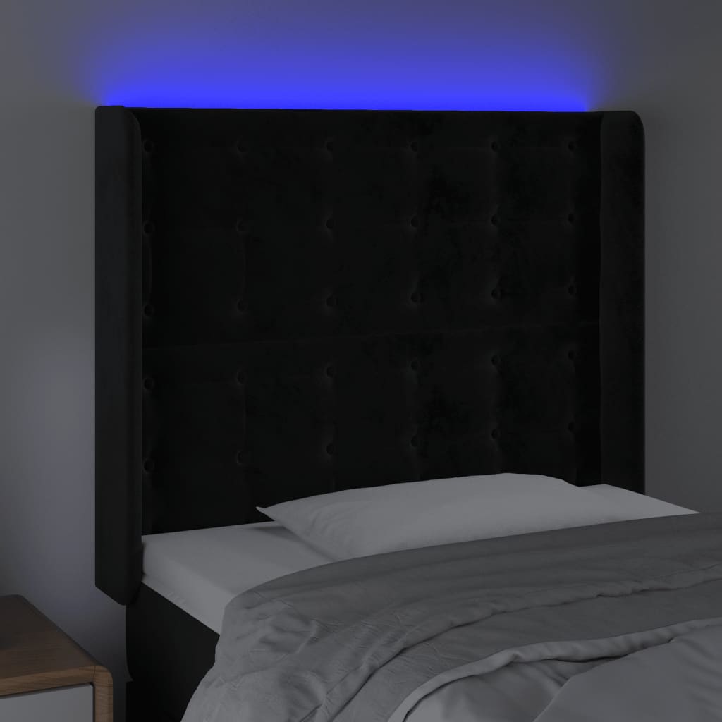 Cabeceira de cama c/ luzes LED veludo 83x16x118/128 cm preto