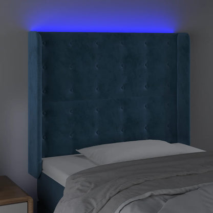 Cabeceira cama c/ luzes LED veludo 83x16x118/128 cm azul-escuro