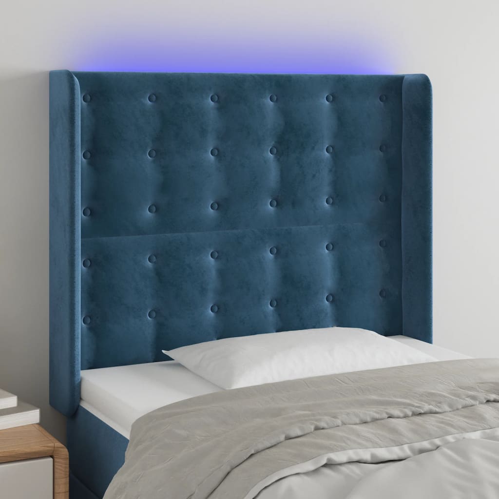 Cabeceira cama c/ luzes LED veludo 83x16x118/128 cm azul-escuro