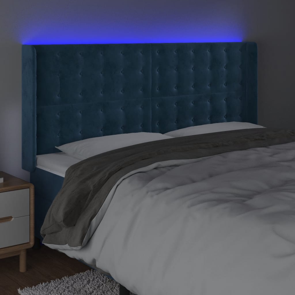 Cabeceira cama c/ luzes LED veludo 163x16x118/128cm azul-escuro