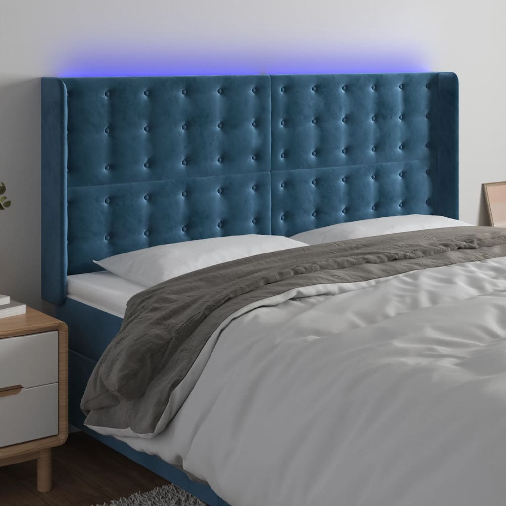 Cabeceira cama c/ luzes LED veludo 163x16x118/128cm azul-escuro