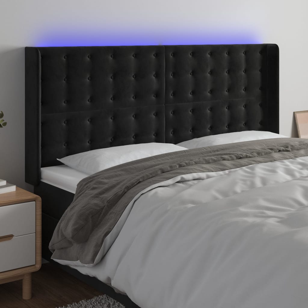 Cabeceira de cama c/ luzes LED veludo 183x16x118/128 cm preto