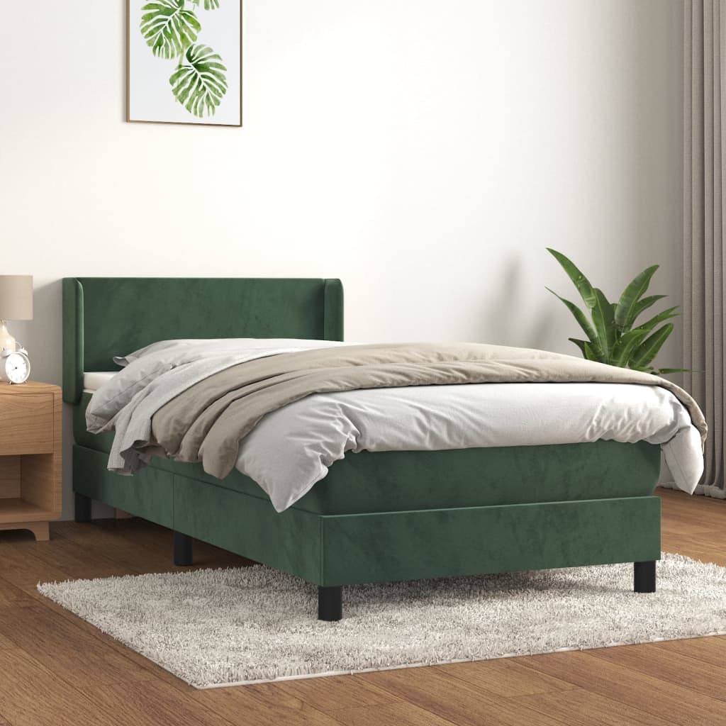 Cama com molas/colchão 90x200 cm veludo verde-escuro