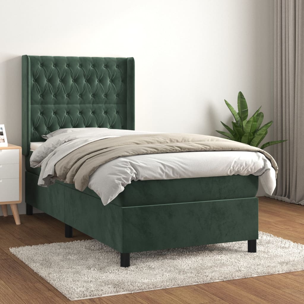 Cama com molas/colchão 90x190 cm veludo verde-escuro