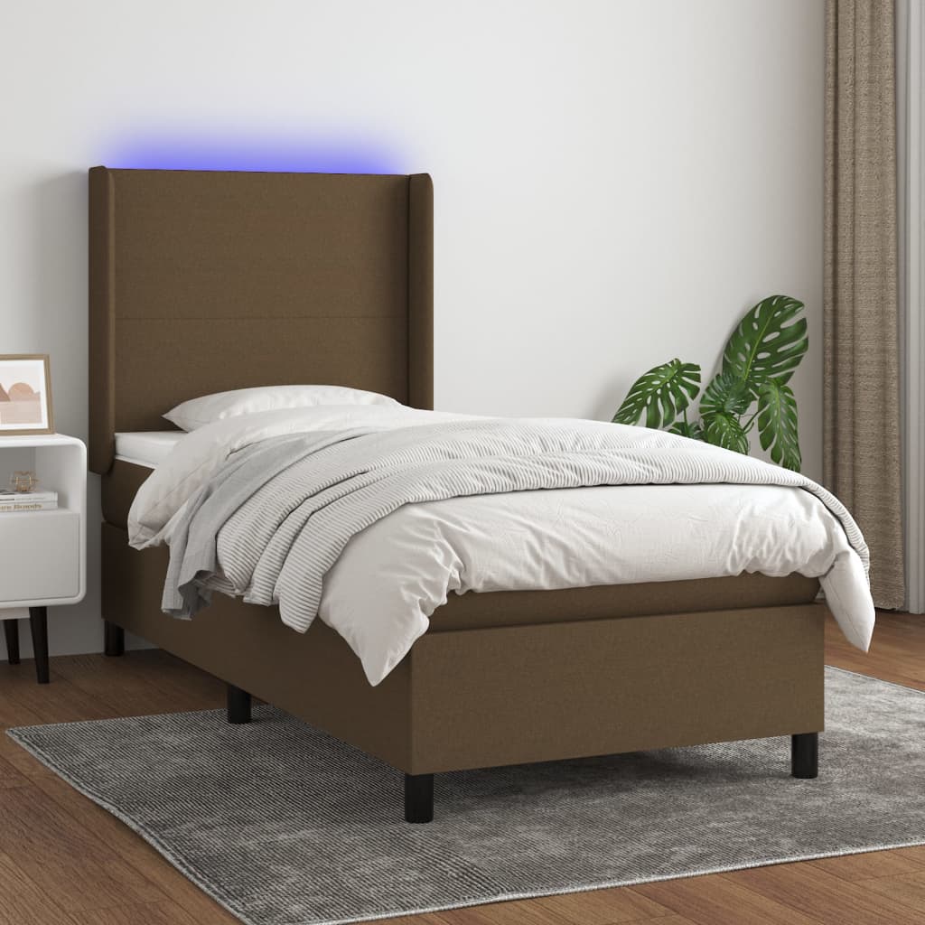 Cama box spring c/ colchão/LED 80x200cm tecido castanho-escuro