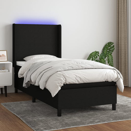 Cama box spring c/ colchão e LED 90x190 cm tecido preto