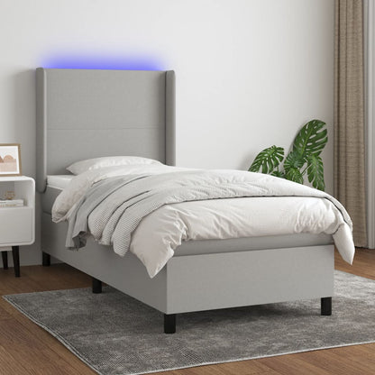 Cama box spring c/ colchão e LED 90x200 cm tecido cinza-claro