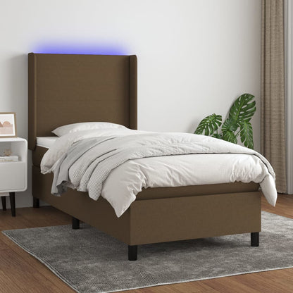 Cama box spring c/ colchão/LED 90x200 cm tecido castanho-escuro