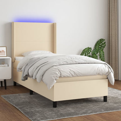 Cama box spring c/ colchão e LED 90x200 cm tecido cor creme