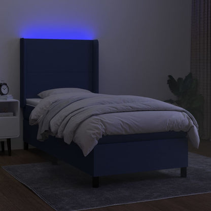 Cama box spring c/ colchão e LED 100x200 cm tecido azul