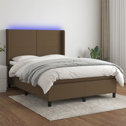 Cama box spring c/ colchão/LED 140x190cm tecido castanho-escuro