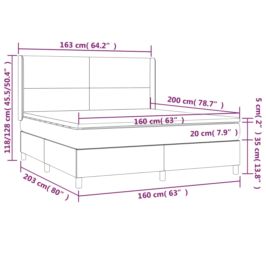 Cama box spring c/ colchão e LED 160x200 cm tecido cinza-escuro