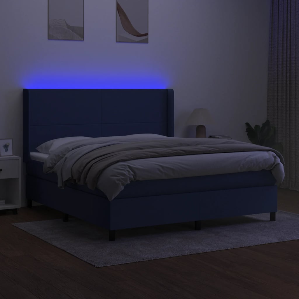 Cama box spring c/ colchão e LED 160x200 cm tecido azul