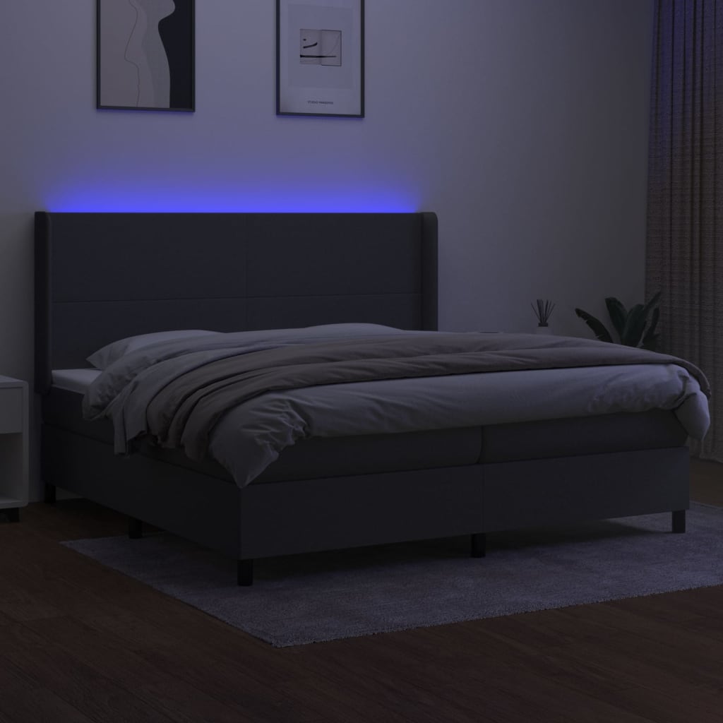 Cama box spring c/ colchão e LED 200x200 cm tecido cinza-escuro