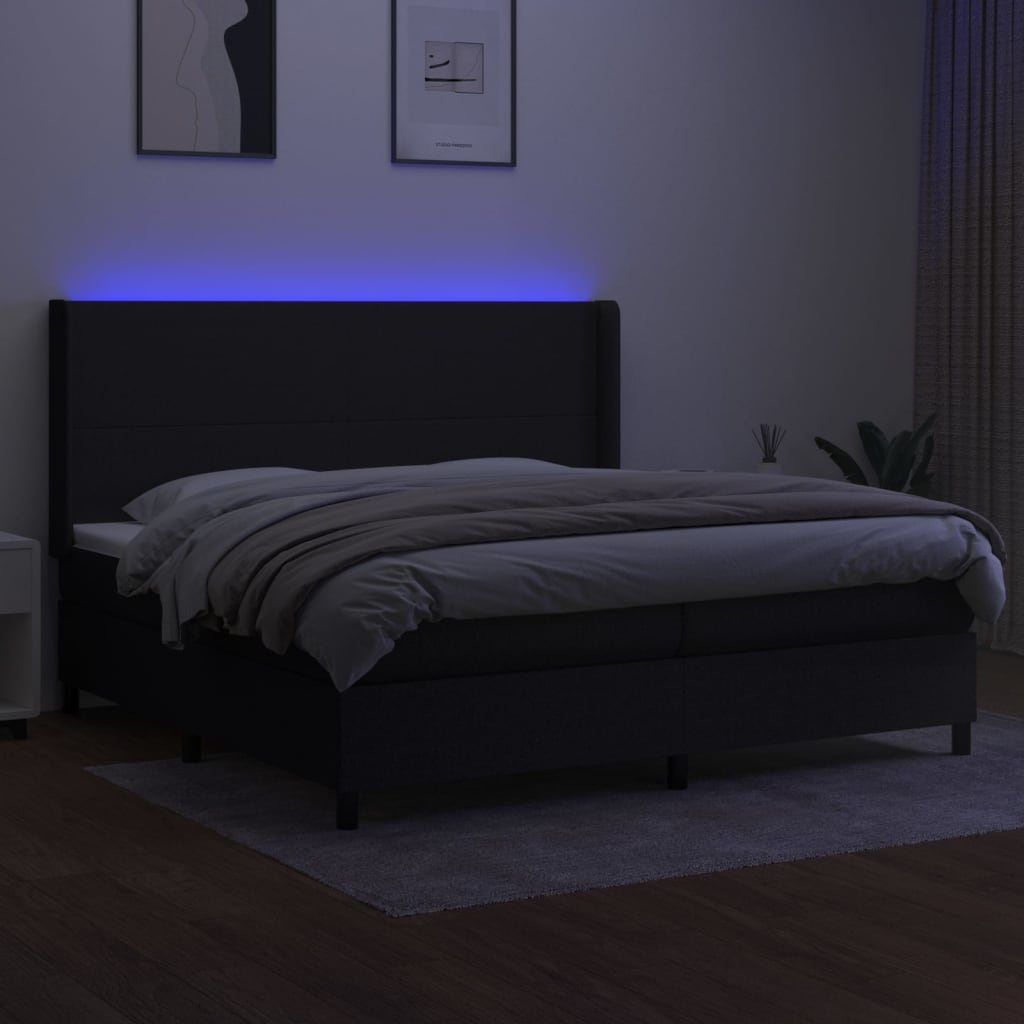 Cama box spring c/ colchão e LED 200x200 cm tecido preto