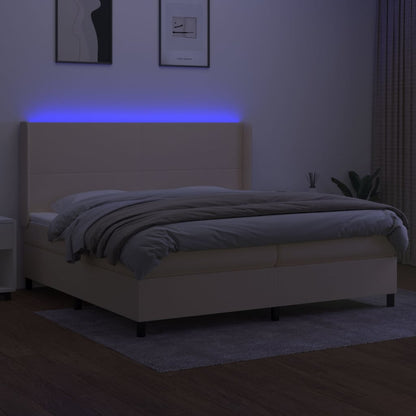 Cama box spring c/ colchão e LED 200x200 cm tecido cor creme