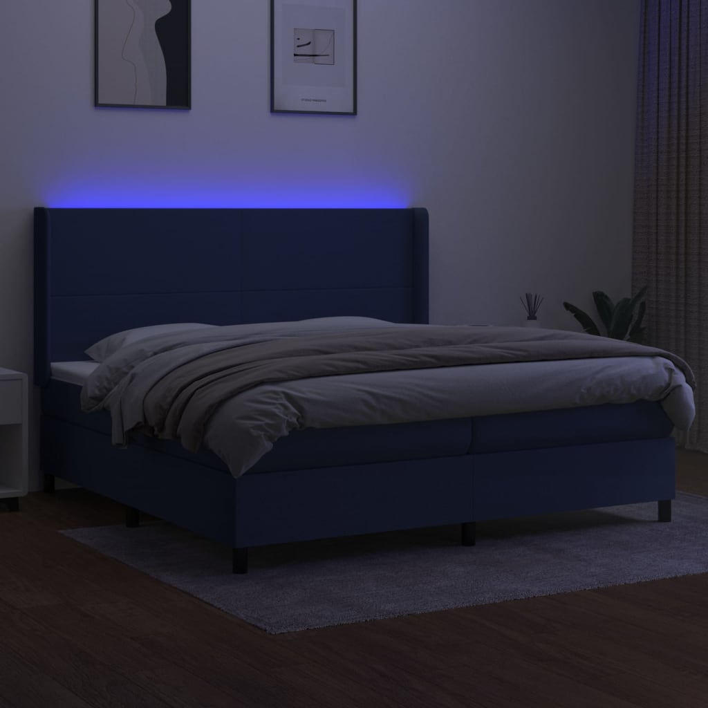 Cama box spring c/ colchão e LED 200x200 cm tecido azul